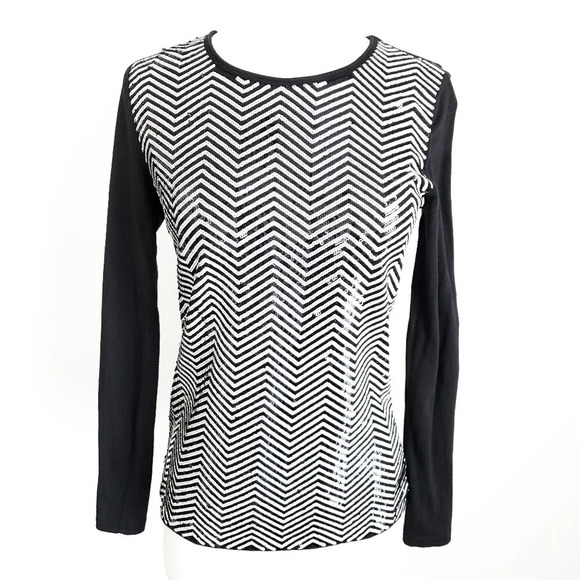 Michael Kors Black & White Sequin Chevron Long-Sleeve Top - Picture 1 of 5